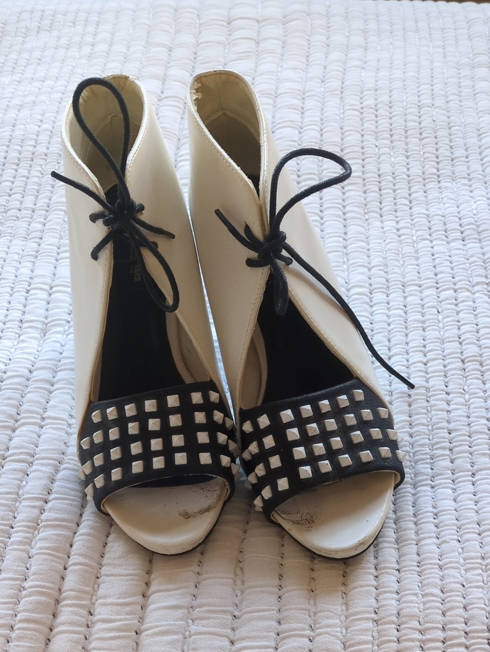Women’s Creamy White and Black Open-Toe Ankle Tie Heels